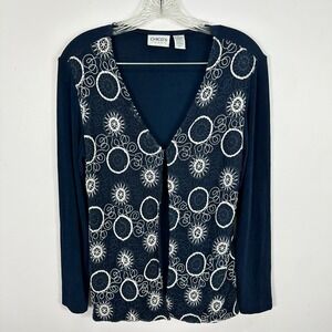 Chicos Travelers Womens 1‎ Navy Embroidered Cardigan Top Boho Artsy Fes